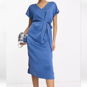 VILA Blue Satin T-shirt Midi Dress with Tie Waist - Size 2